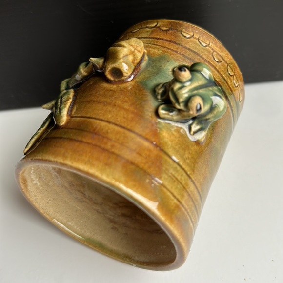 VTG Tree Frog Lucky Bamboo Art Pottery Vase Planter Majolica Ceramic - Picture 6 of 10